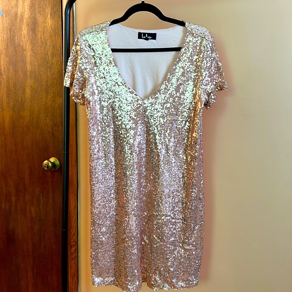 Lulus Light Up the Night Champagne Sequin Shift Dress Size S| Color: Pink